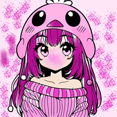 anime girl with chick shaped hat with sweater with bare shoulders with bangs covering them one eye with low tail