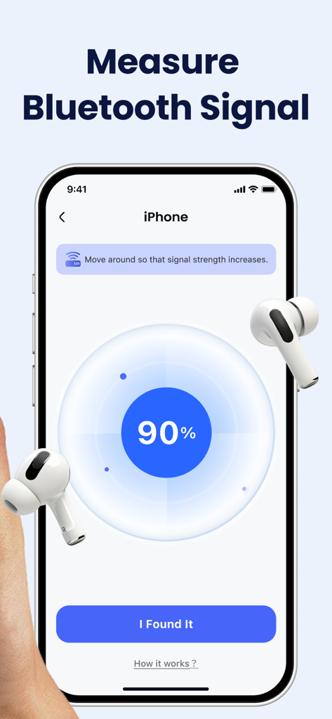 A mobile phone displaying a 90 percent Bluetooth signal strength indicator to help locate lost AirPods