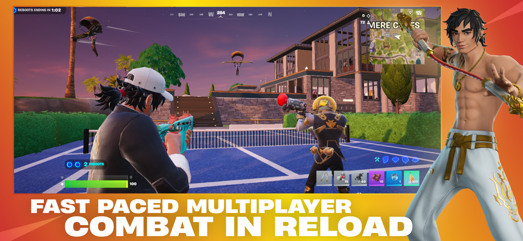Fortnite - Dos personajes participando en combate multijugador a ritmo rápido en una cancha de tenis en Fortnite Reload