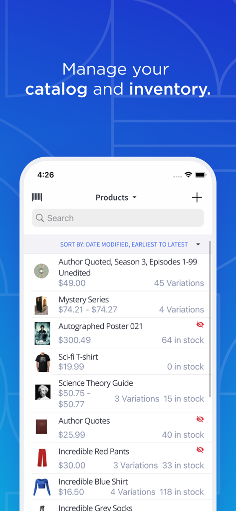 BigCommerce - Screenshot of the BigCommerce app showing the product catalog and inventory management screen with stock levels and pricing.