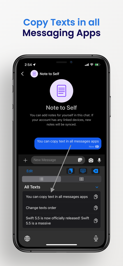 Pantalla del iPhone mostrando la aplicación Clipboard integrada en una interfaz de mensajería para gestionar fragmentos de texto guardados