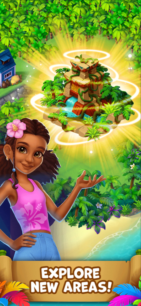 Tropical Merge - A female character points to a glowing ancient temple being discovered in a lush tropical jungle with the text Explore New Areas
