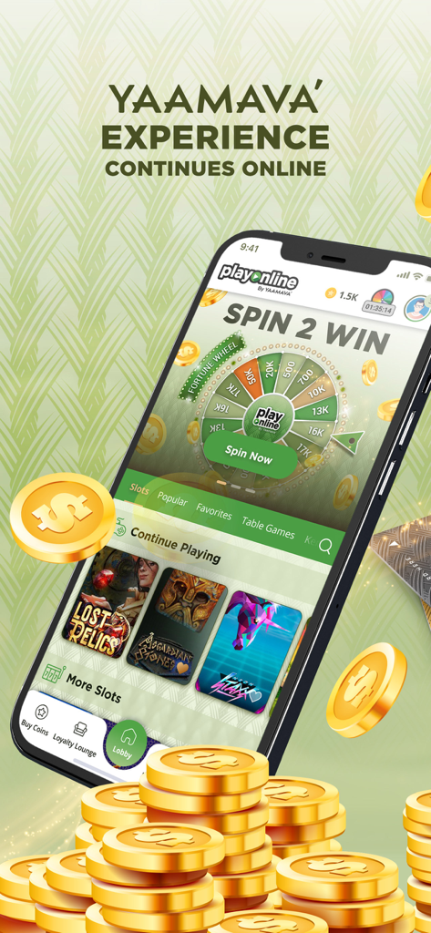 Play Online by Yaamava social casino app interface with fortune wheel and slot games