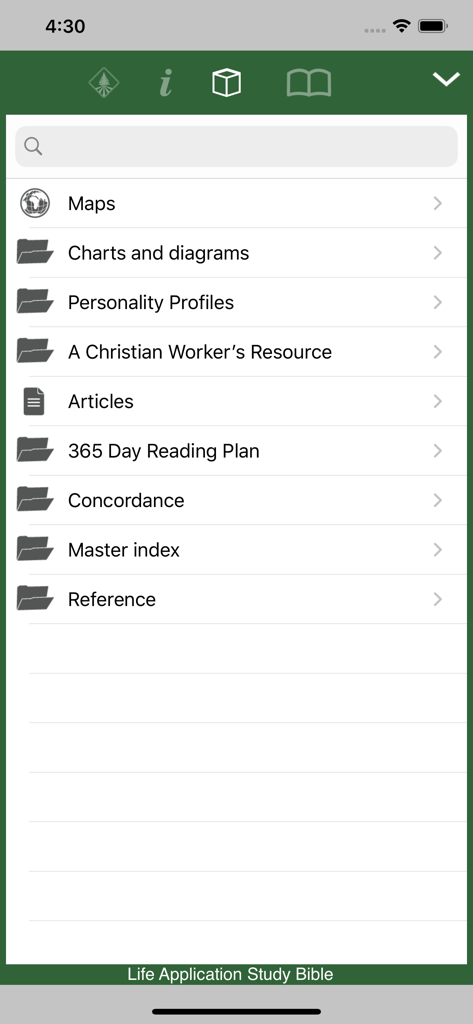 A list of Bible study resources including maps, charts, and reading plans in the Life Application Study Bible app.