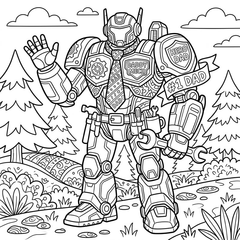 Unleash your creativity with this incredible Father's Day coloring page featuring a heroic mech dad! This intricate design combines futuristic robotics with heartfelt appreciation for all fathers.