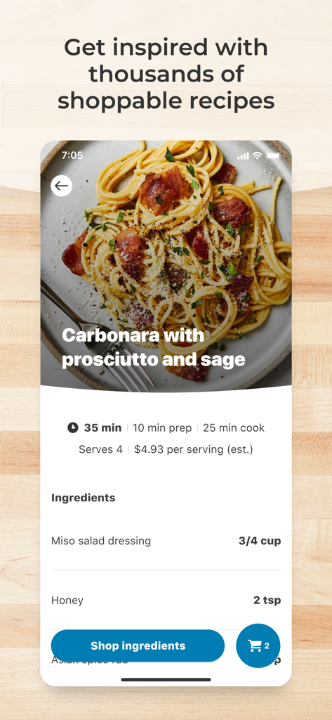 A recipe for Carbonara with prosciutto and sage in the My H-E-B app showing a button to shop ingredients