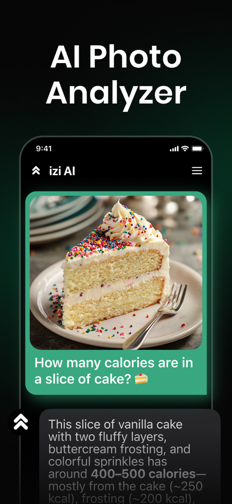 AI Chat Bot Assistant - izi - izi AI photo analyzer calculating calories in a slice of vanilla cake