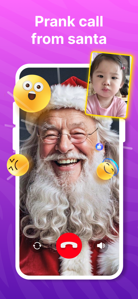 A screenshot showing a simulated video call from Santa Claus to a young child with festive emoji reactions