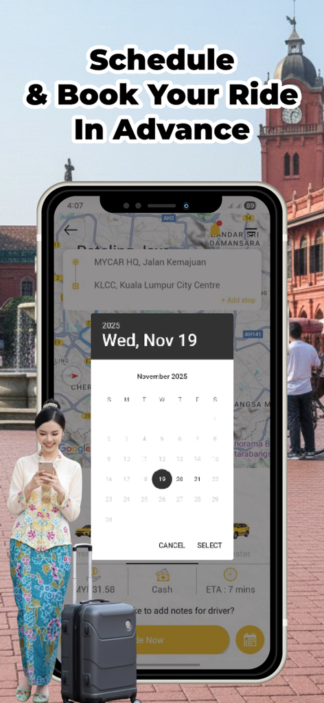 MyCar Passenger - Interface of MyCar Passenger app showing how to schedule and book a ride in advance using a calendar