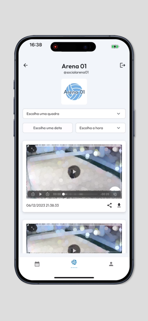 Recplay - Recplay app interface showing sports arena selection and recorded match highlights