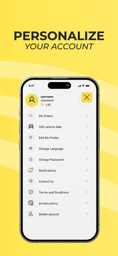Raff Mart - ラフマートアプリのアカウント設定画面（iPhone）で、マイオーダー、プロフィールの編集、通知などのオプションを表示