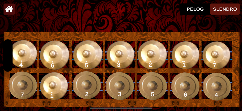 Interfaz digital de la aplicación Real Gamelan que muestra dos filas de instrumentos de percusión de bronce Bonang con opciones de escala Slendro y Pelog.