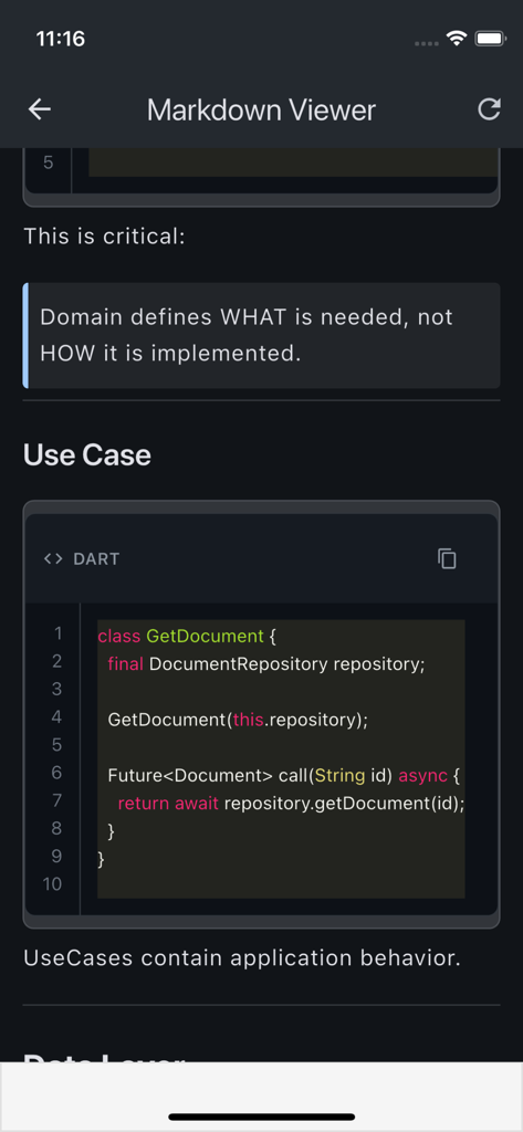 Easy Markdown Reader - Dark mode interface of the Easy Markdown Reader app showing syntax highlighting for a Dart code snippet and formatted technical documentation