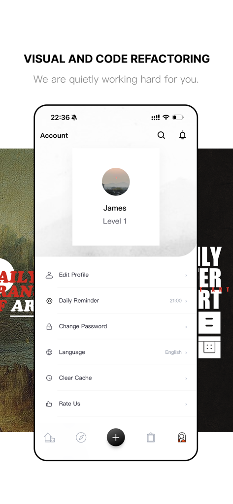 EveryArt - Daily Art Gallery - Account settings and user profile interface of the EveryArt app showing various menu options