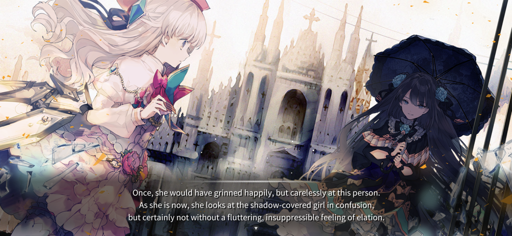Scène du jeu Arcaea montrant deux personnages anime et du texte narratif dans un décor gothique