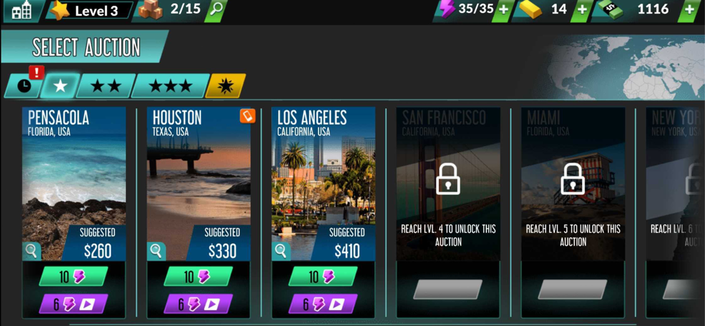 Auction selection screen in Bid Wars 2 featuring storage auctions in different US cities