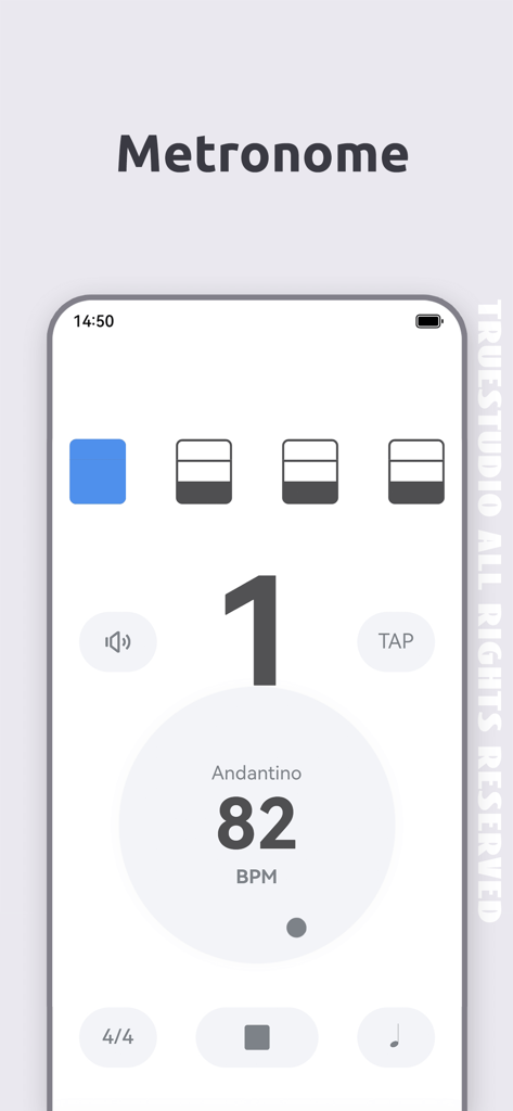 Ukulele Tuner - Ukutuna - Schermata del metronomo dell'app Ukutuna che mostra un tempo di 82 BPM Andantino e una segnatura ritmica