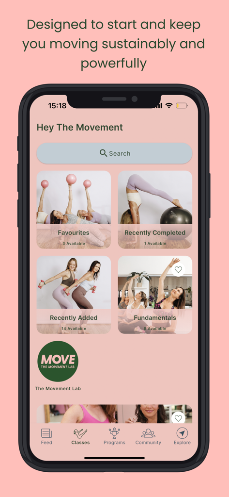 The Movement Lab On-Demand - The Movement Lab On-Demand mobile app interface showing fitness categories including Pilates and Barre classes.