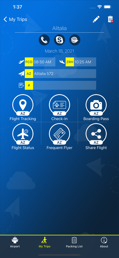 Smartphone-Bildschirm mit Alitalia-Flugdetails und Reisemanagement-Symbolen in der Vienna Airport Info App