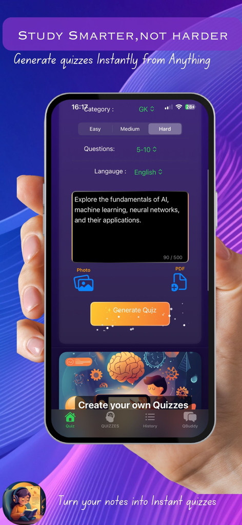 AI Quiz Maker: Flashcards - Una mano sosteniendo un smartphone que muestra la interfaz de la aplicación AI Quiz Maker para generar cuestionarios a partir de notas y PDFs