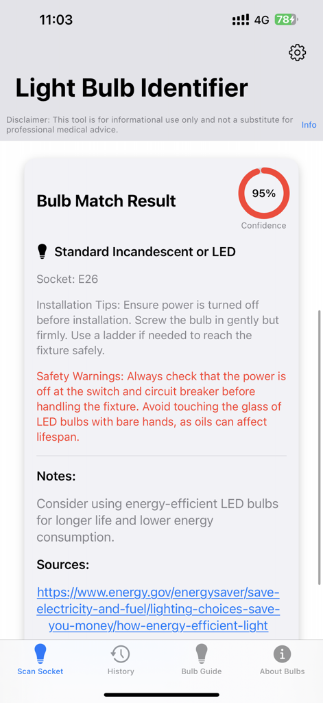 Light Bulb & Lamp Identifier - Light Bulb Identifier app screen showing a 95 percent confidence match for a standard incandescent or LED bulb with an E26 socket