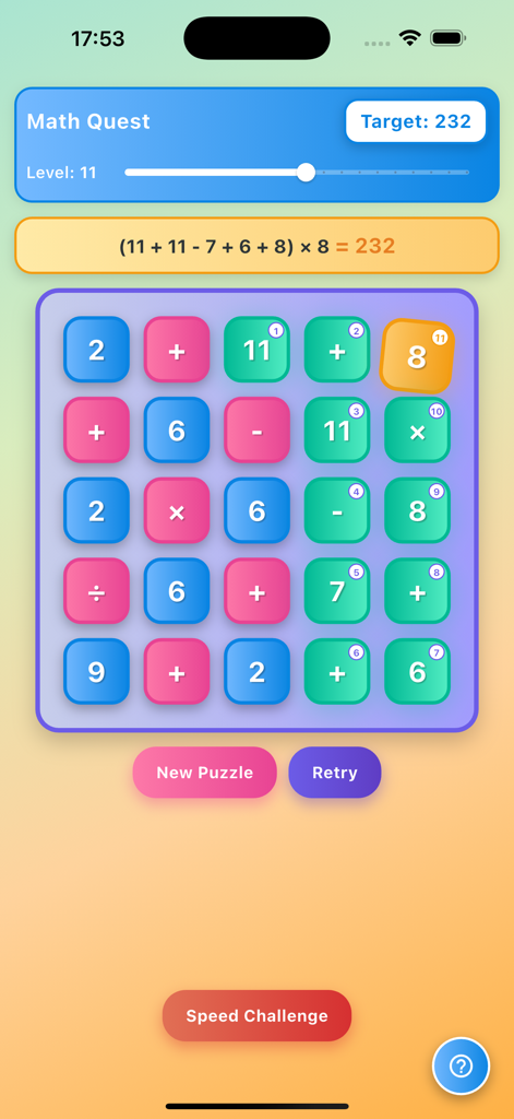 Math Quest: Brain Training - Juego de la aplicación móvil Math Quest mostrando un vibrante puzzle de cuadrícula de números y operadores