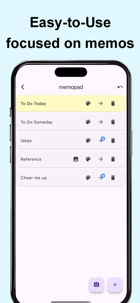 Minimalist user interface of the Memo-Only Memopad app showing a list of categorized and color-coded notes on a smartphone screen.