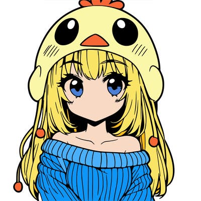 anime girl with chick shaped hat with sweater with bare shoulders with bangs covering them one eye with low tail