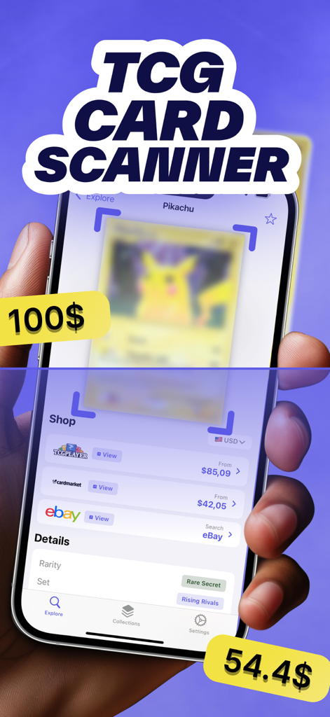 TCG Card Scanner - Um smartphone usando o aplicativo TCG Card Scanner para identificar uma carta Pikachu e exibir preços de mercado em tempo real