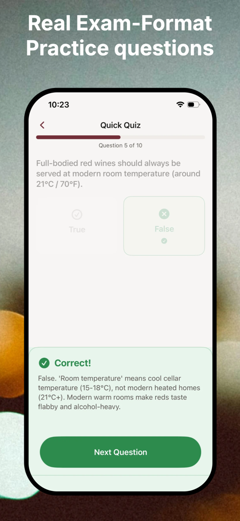 A screenshot of the VinoPrep app showing a practice quiz question about wine service temperatures with a correct answer explanation.