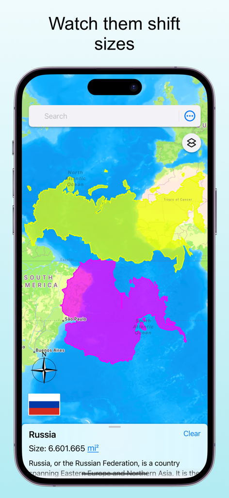 TrueWorld Maps: Country Facts - Interfaccia dell'app TrueWorld Maps che mostra la dimensione relativa della Russia rispetto ad altre masse terrestri su una mappa del mondo