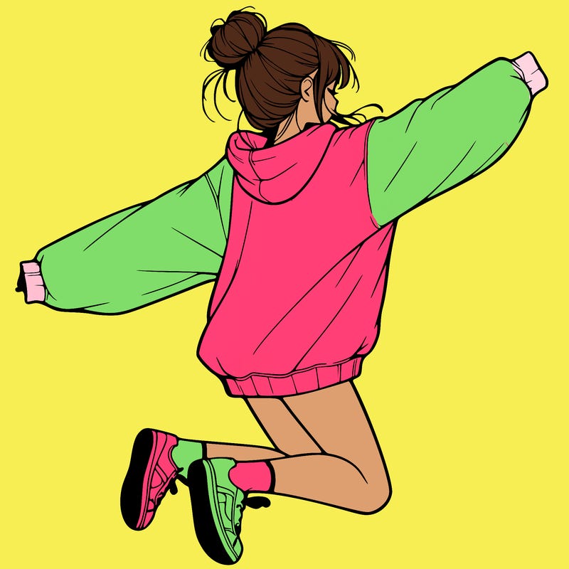 realistic girl jumping with a bun and oversized sweatshirt