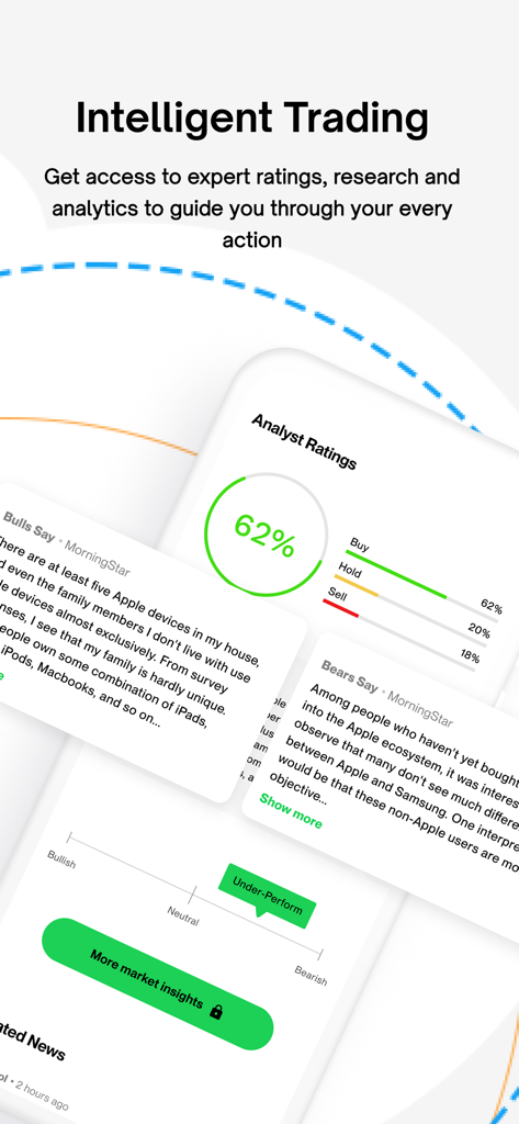 Trove - Investing, simplified - Trove app interface showing intelligent trading features with analyst ratings and MorningStar market insights
