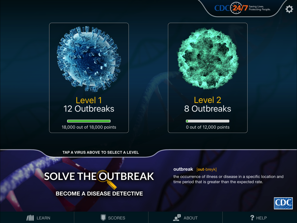 Solve the Outbreak - Level selection screen for Solve the Outbreak app showing disease detective levels and progress