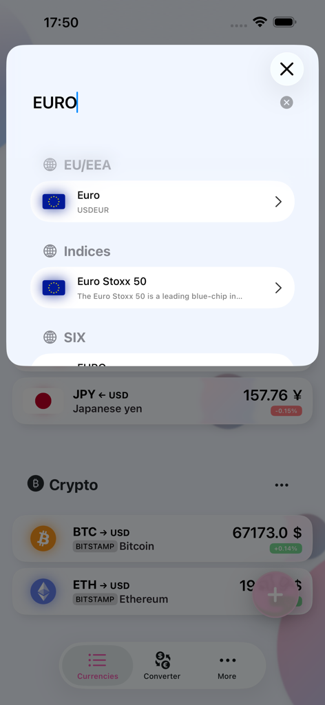 Smart Currency Converter - Interfaz de búsqueda dentro de la aplicación Smart Currency Converter mostrando resultados para Euro y Euro Stoxx 50