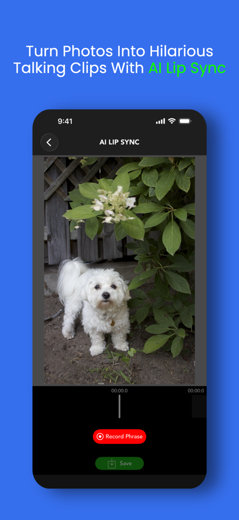 UpRes: AI Photo Video Enhancer - UpRes app interface showing the AI Lip Sync feature to turn a photo of a dog into a talking clip