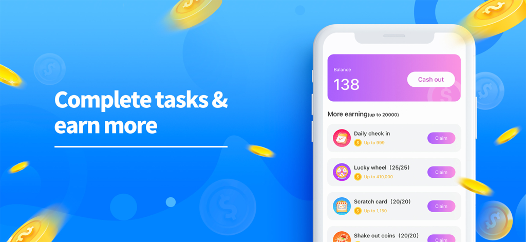 Walk Earn: Make Money - A mobile app interface for Walk Earn showing various tasks to complete for money like daily check ins and lucky wheels