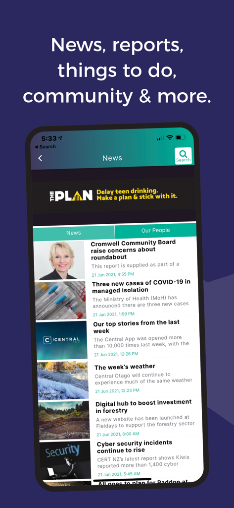 The Central App - 지역 커뮤니티 보고서 및 날씨 업데이트가 포함된 The Central App 뉴스 화면