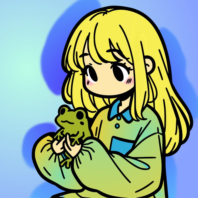 girl with long hair and a oversized shirt. and she is holding a frog