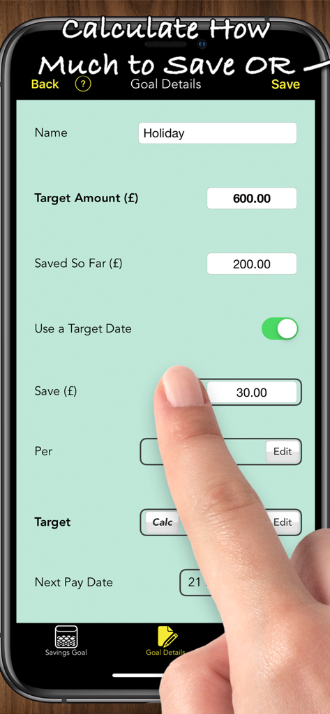 Savings Goals Pro - A user setting up a holiday savings goal in the Savings Goals Pro app to calculate how much to save