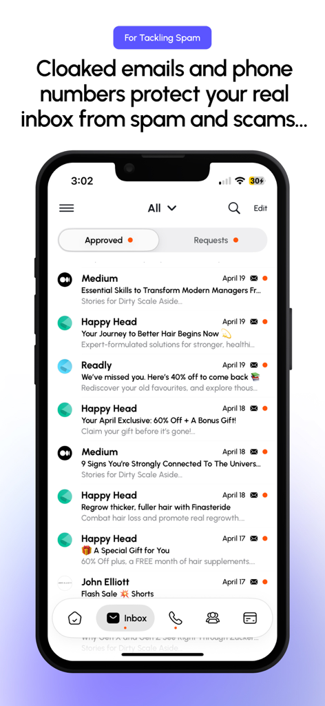 Cloaked app interface showing an organized inbox for messages received through private aliases to stop spam