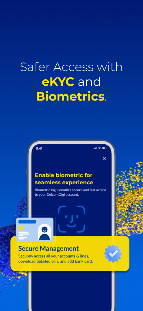 CelcomDigi - Écran de l'application CelcomDigi affichant la connexion biométrique et les fonctions de sécurité eKYC pour un accès sécurisé au compte.