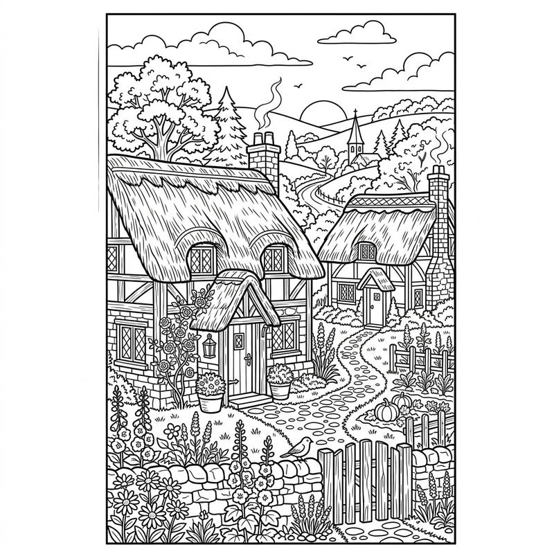 Escape to a charming English countryside with this delightful thatched cottages coloring page, perfectly designed as a bookmark. Immerse yourself in the rustic beauty of traditional homes and flourishing gardens as you bring this tranquil scene to life with your colors.