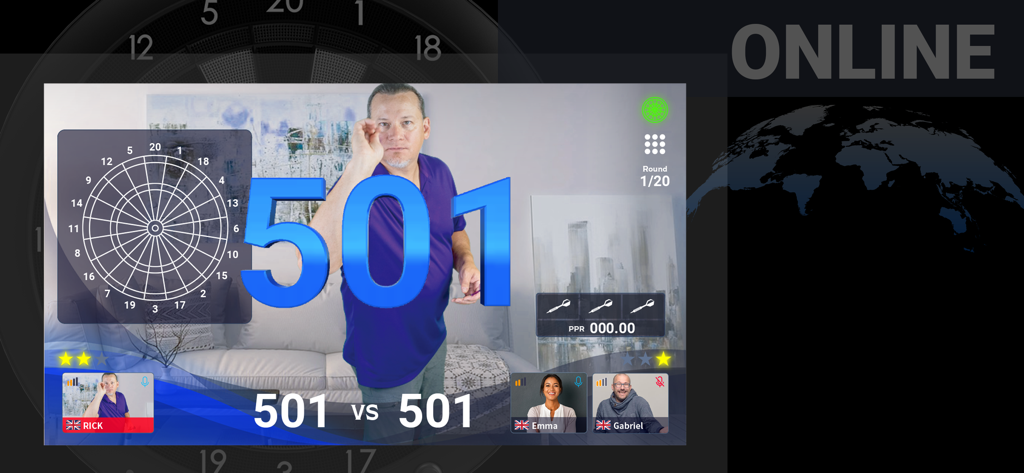 Interface of the GRANBOARD app showing a live online 501 darts match with video feeds of players from around the world