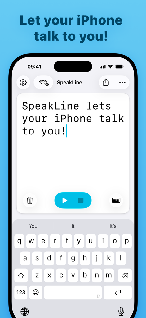 SpeakLine – Text to Speech - SpeakLineアプリのiPhoneインターフェース、テキスト読み上げ再生コントロールが表示されています