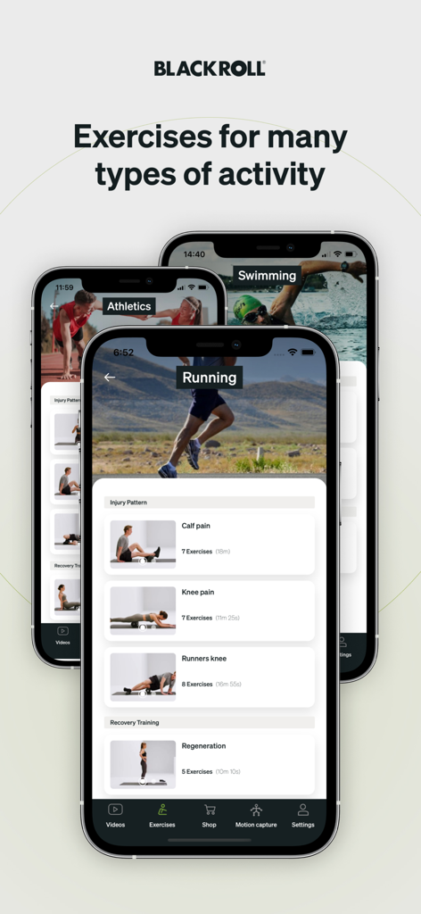 Blackroll app interface showing exercise categories for running swimming and athletics