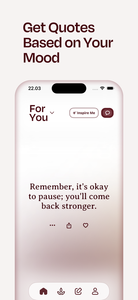 Sourhealing app interface displaying a personalized inspirational quote about mental health and mood tracking