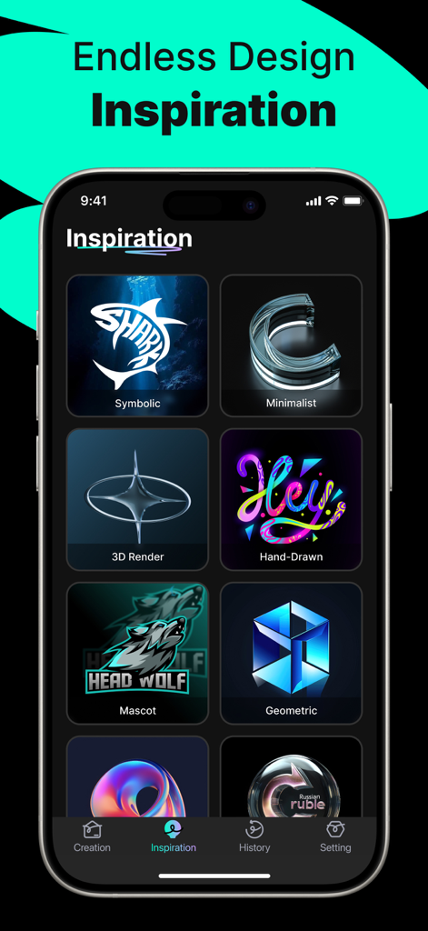 Logo Maker - AI Art Design - Pantalla de inspiración de la aplicación AI Logo Maker mostrando varias categorías de diseño como logos simbólicos, minimalistas, renderizados en 3D y de mascotas