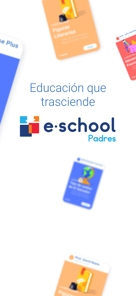 eschool padres - Pantalla de bienvenida de la aplicación móvil eschool padres con el logo y tarjetas de clases educativas