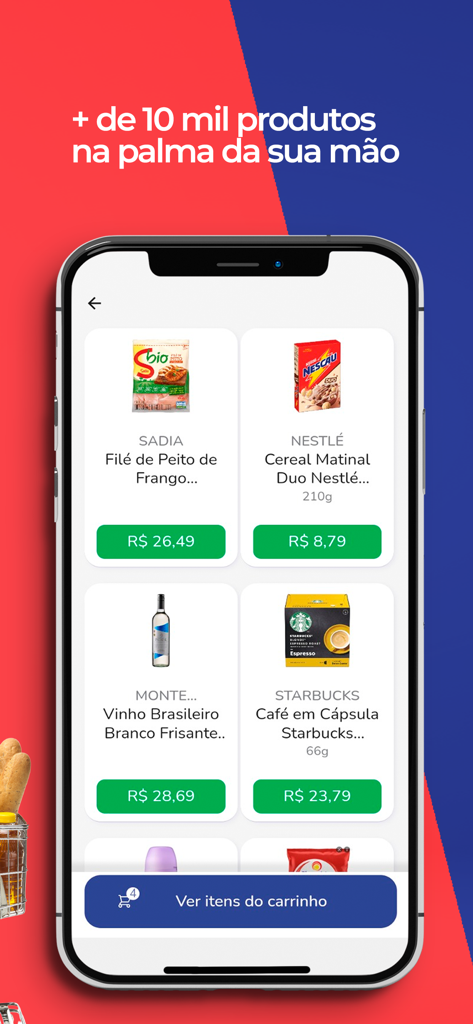Meu PB - Screenshot of the Meu PB app showing a product catalog with various groceries and prices
